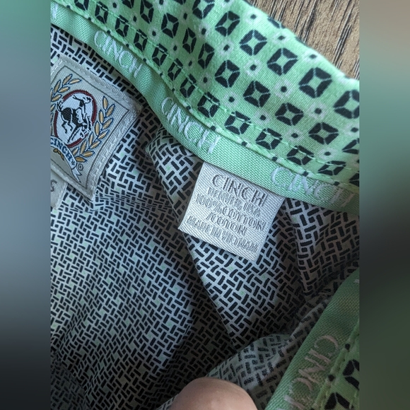 CINCH Long Sleeve Button Down Western Dress Shirt ~ Black & White w/ Green Sz S - Picture 6 of 16